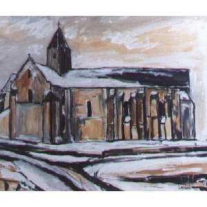 Mortain, l'Abbaye Blanche sous la neige - Format 25 P (81 x 60 cm) Acrylique et encre sur toile, 1997