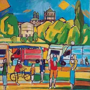 Ars, la basilique vue du terrain des voyageurs - Format 10F (55 x 46 cm) Acrylique et encre sur toile, 2003