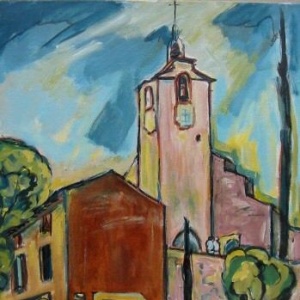 Provence, l'église de Roussillon - Format 15F( 65 x 54 cm) Acrylique et encre sur toile, 1997