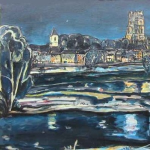 Orléans, les quais de la Loire la nuit - Format 40M (100 x 65 cm) Acrylique et encre sur toile, 1997
