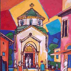 Ars, la chapelle du Saint Cœur - Format 15M (65 x 46 cm) Acrylique et encre sur toile, 2003