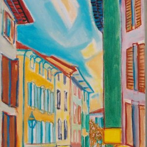 Manosque la rue centrale 30 x 60 cm acrylique e t encre sur toile