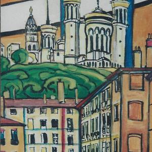 Lyon, Fourvière vue de la rue Saint Étienne  - Format 35 x 70 cm Acrylique et encre sur toile, 2001