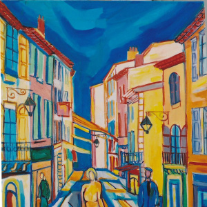 Gréoux les Bains, la grande rue - format 10F (55 x 46)cm, acrylique et encre sur toile, 2009